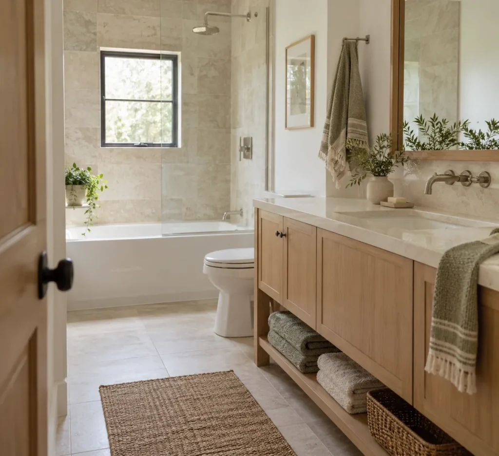 Bathroom with pale tile, light wood, and neatly arranged neutral textiles.