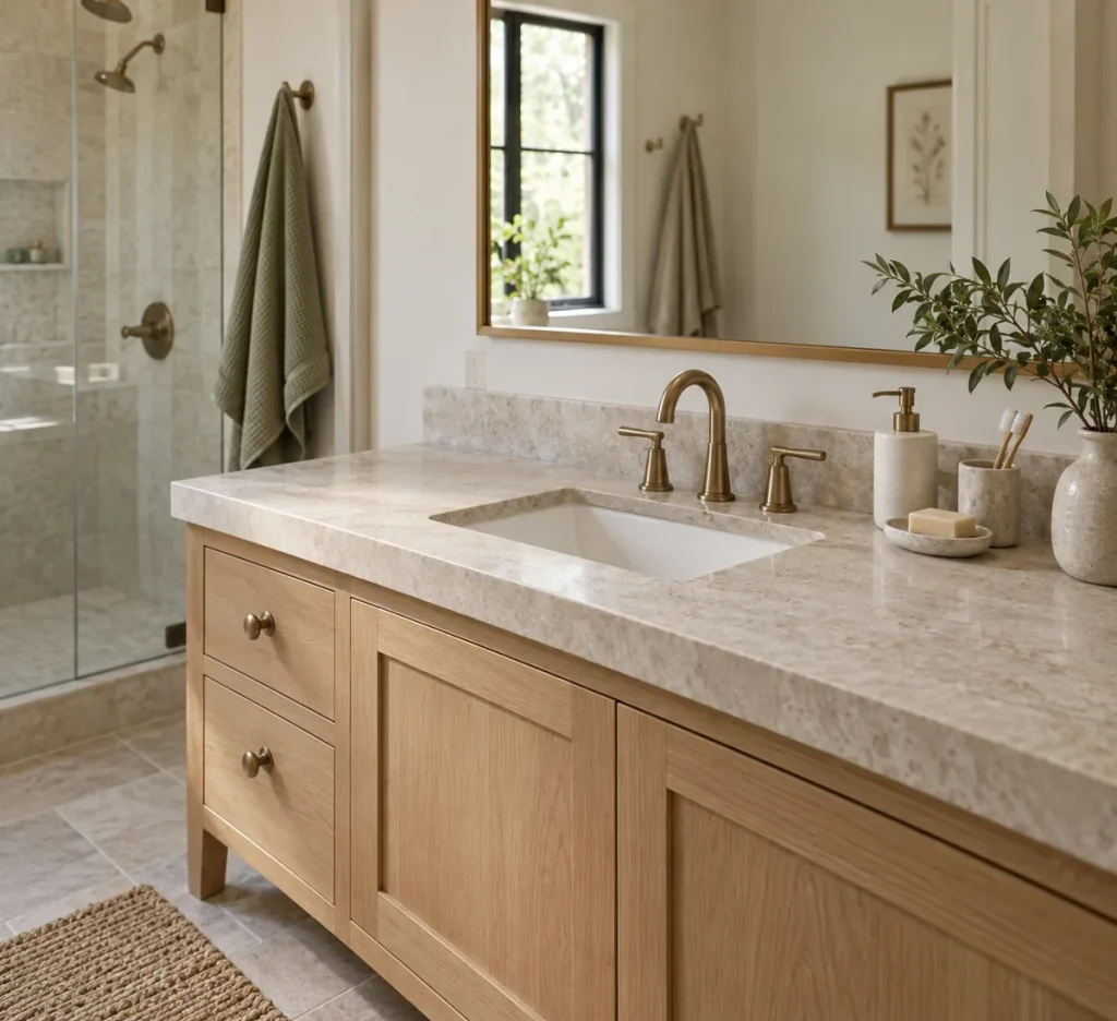 A clear pale bathroom vanity holding a small group of daily essentials.