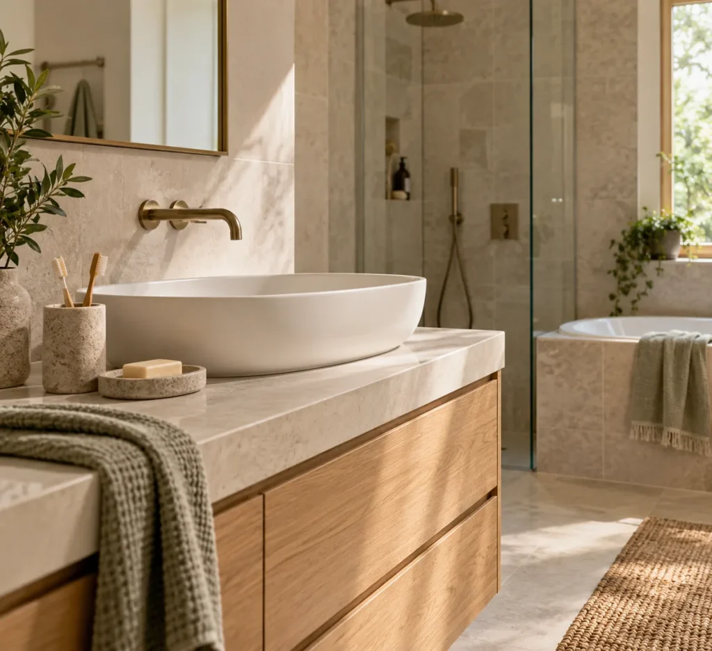 A stone-look accessory beside a white vessel basin.