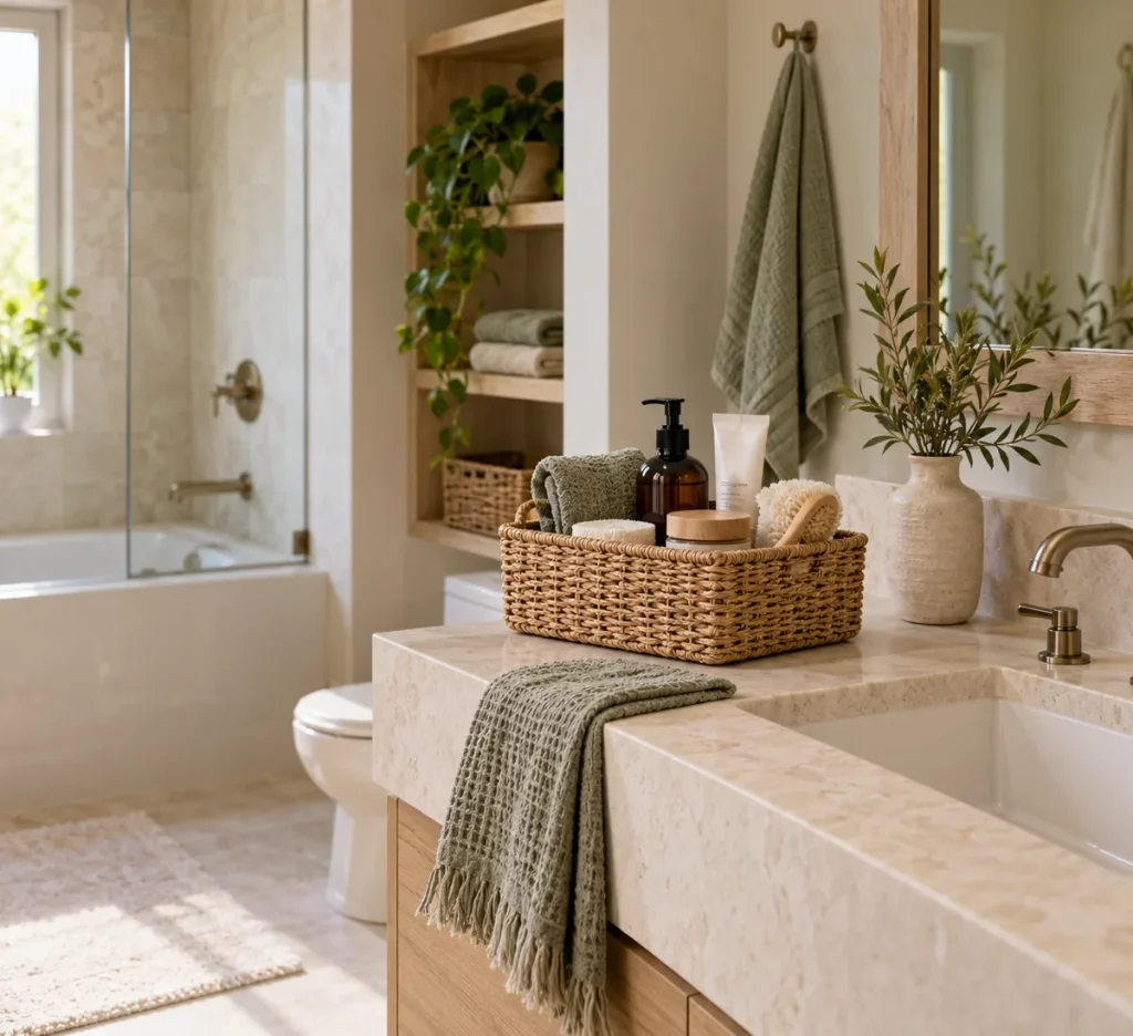 A woven basket holding personal care products on a dry vanity.