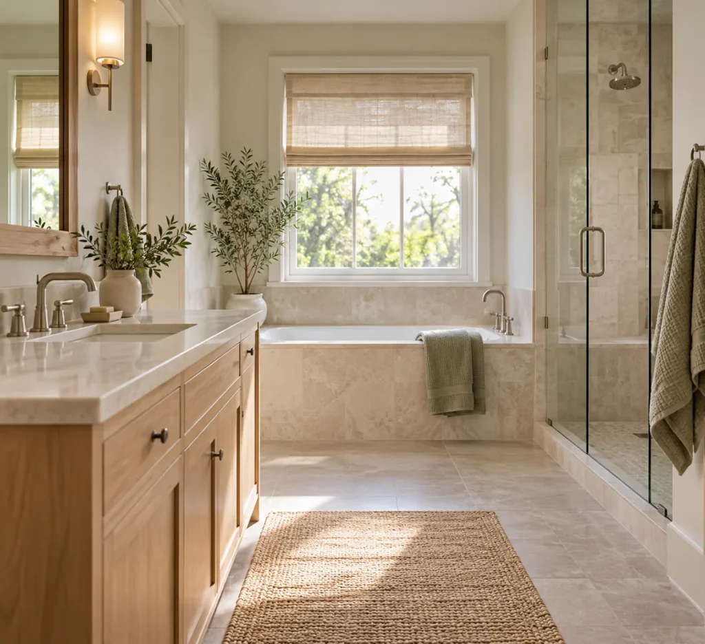 Daylight entering a bathroom through a simple window shade.
