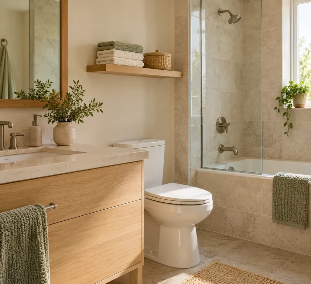 Clean towels and a small container on a dry bathroom shelf.