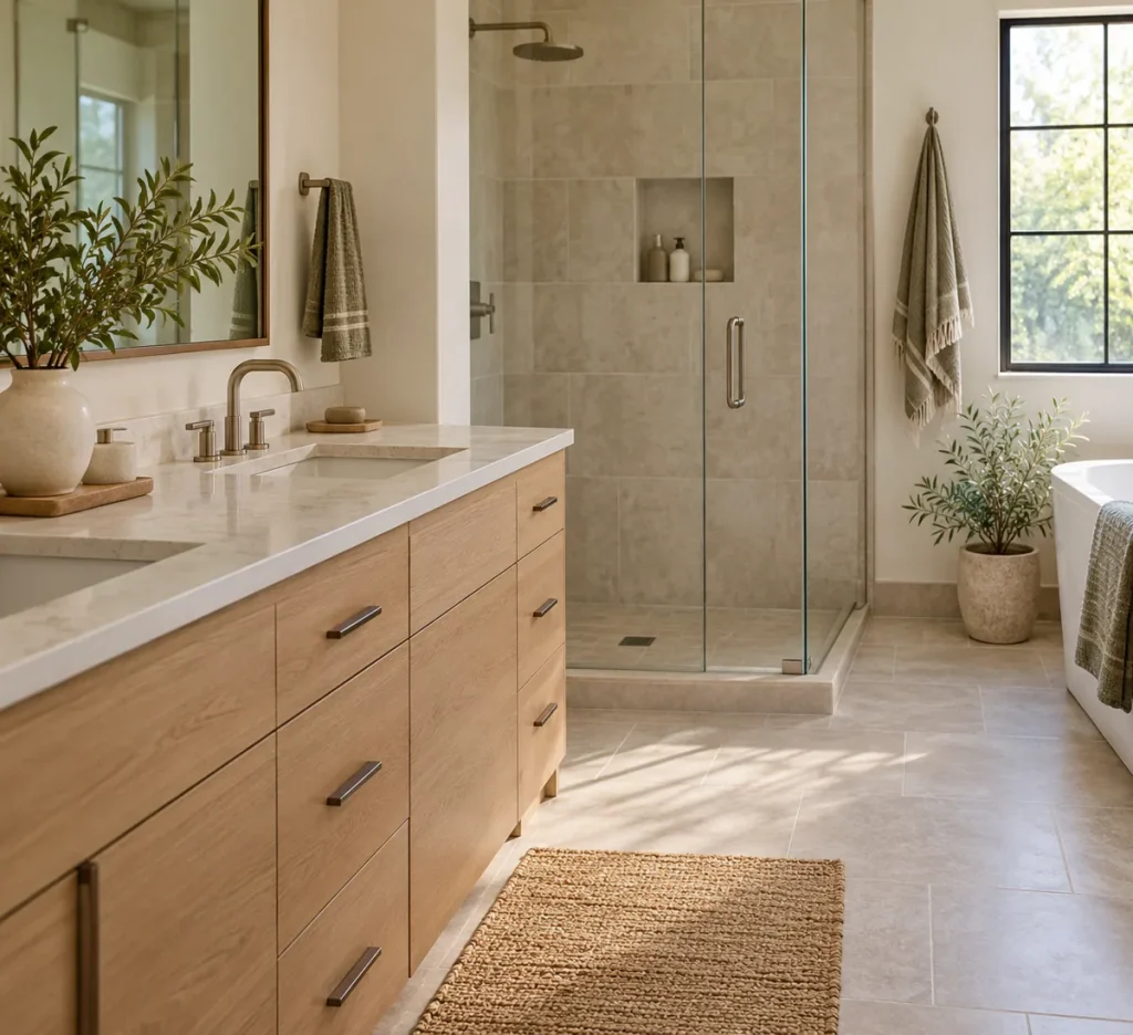 A tidy bathroom with clear surfaces and towels hung to dry.