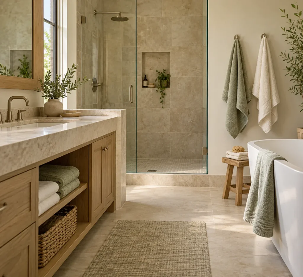 Coordinated cream and sage towels in a pale-tiled bathroom.