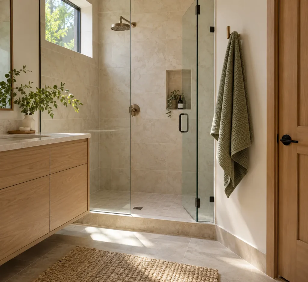 A sage towel hanging within reach of the shower entrance.