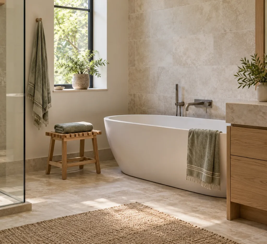 A compact wooden stool beside a tub in a dry floor area.