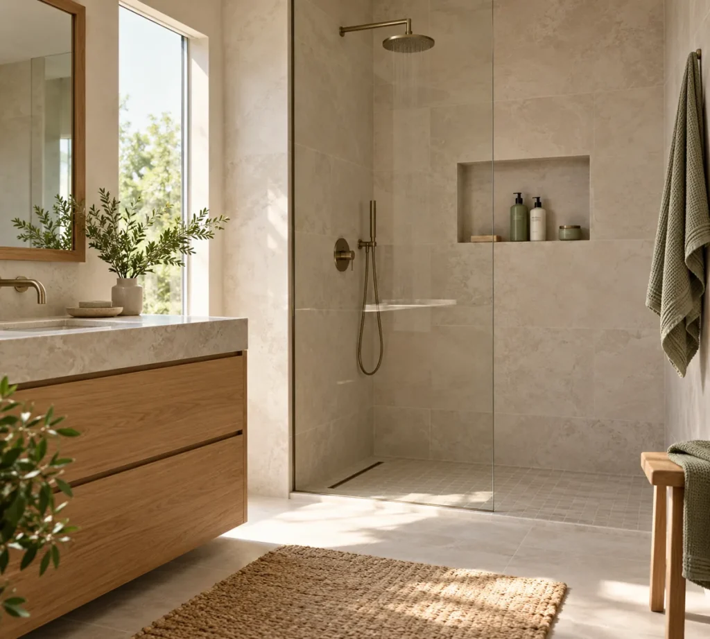 A small selection of bottles inside a tiled shower niche.