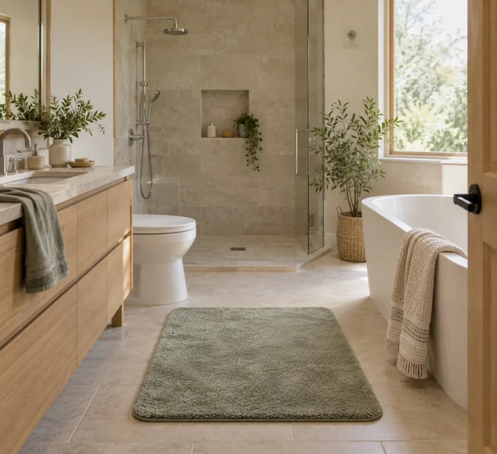 A soft pale bath mat beside a shower and freestanding tub.