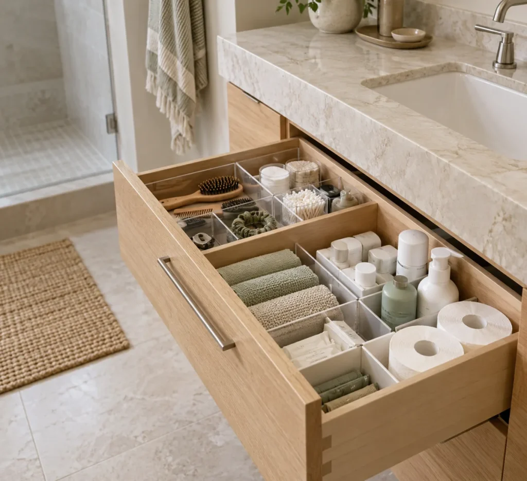 An open bathroom drawer with toiletries divided into compartments.