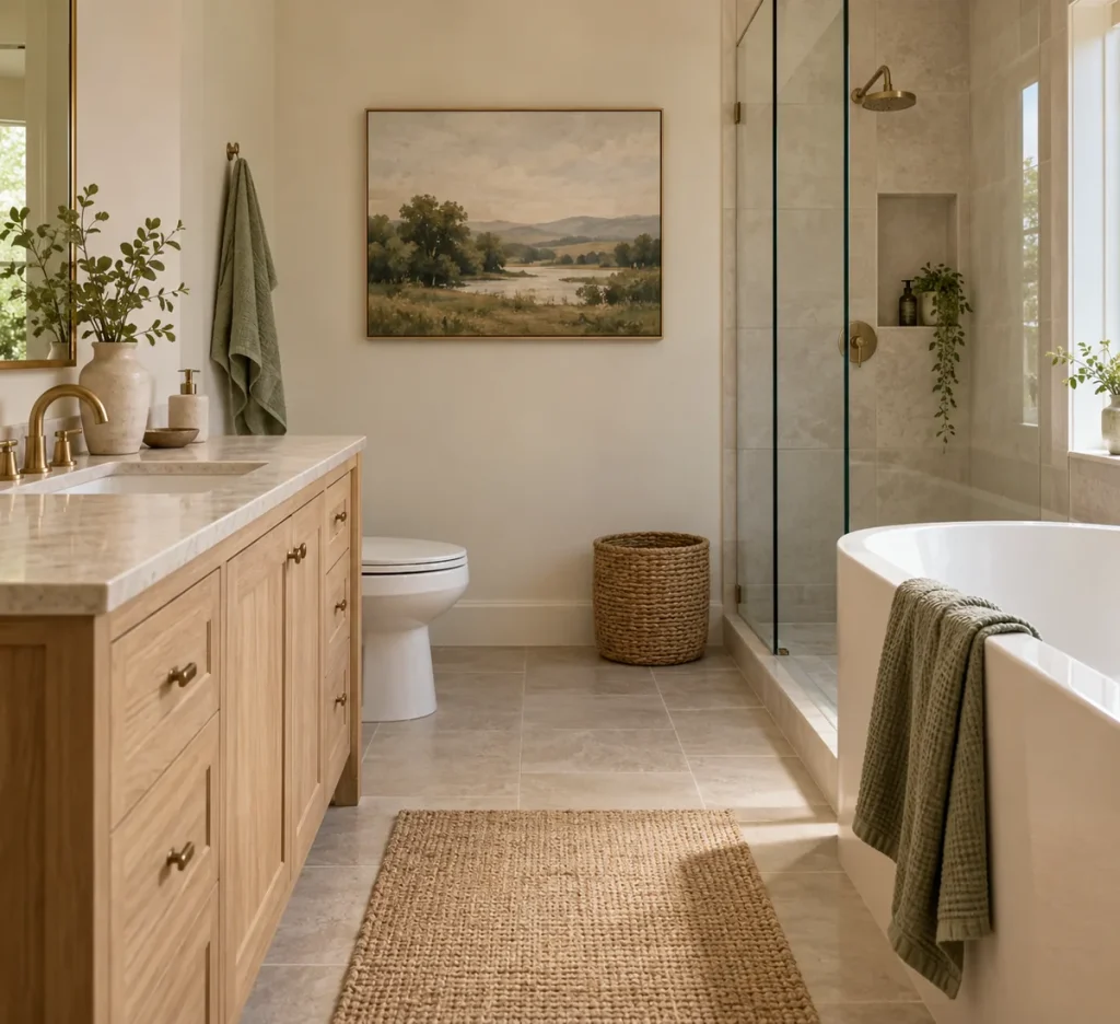 One quiet landscape print on a dry bathroom wall.