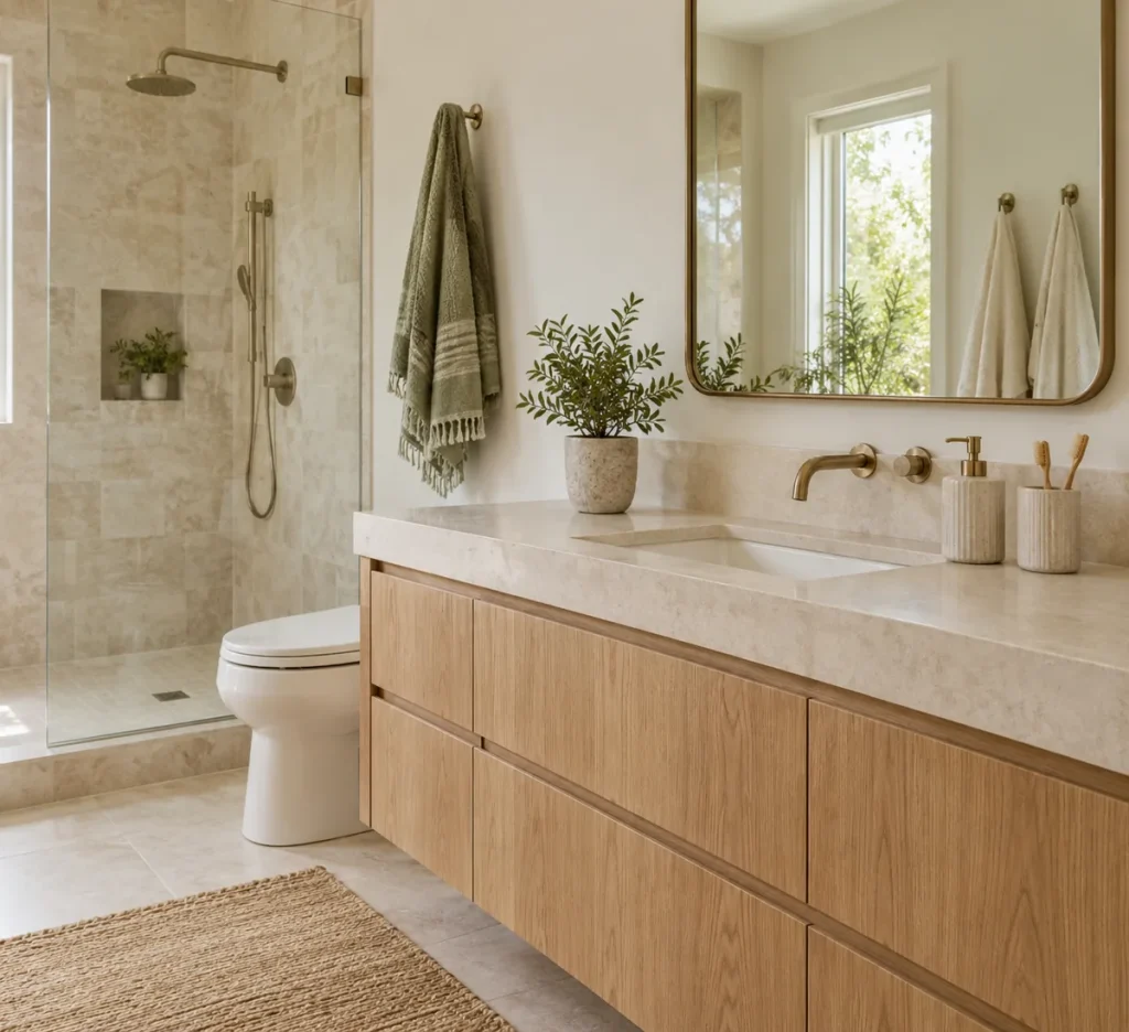 Bathroom with pale tile, light wood, and neatly arranged neutral textiles.