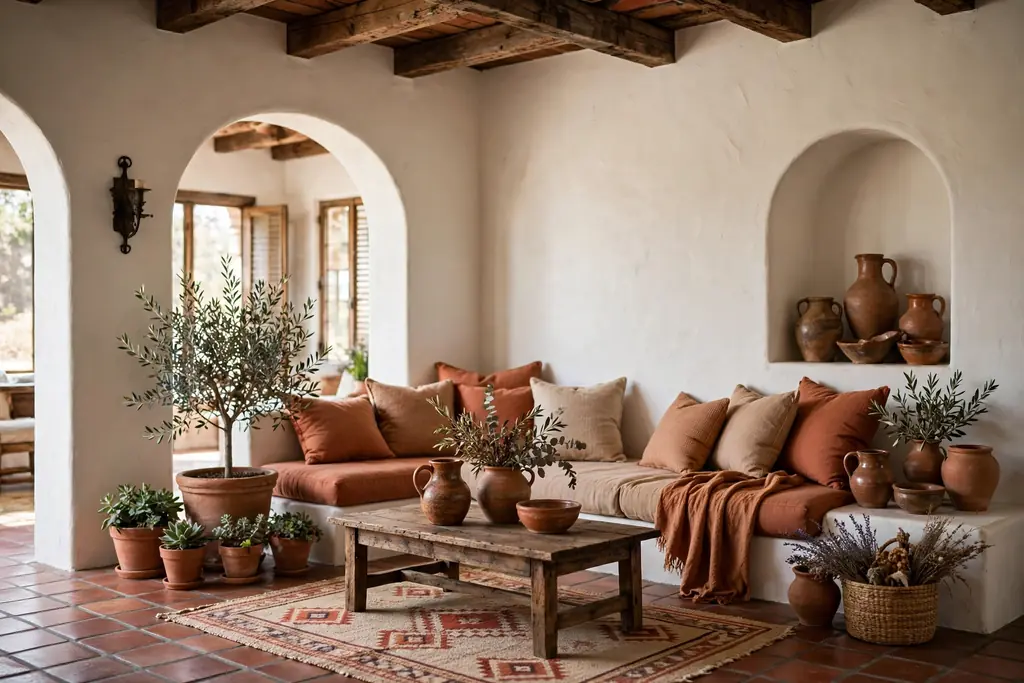 Living room with warm white plaster walls and terracotta pots, cushions, and pottery.