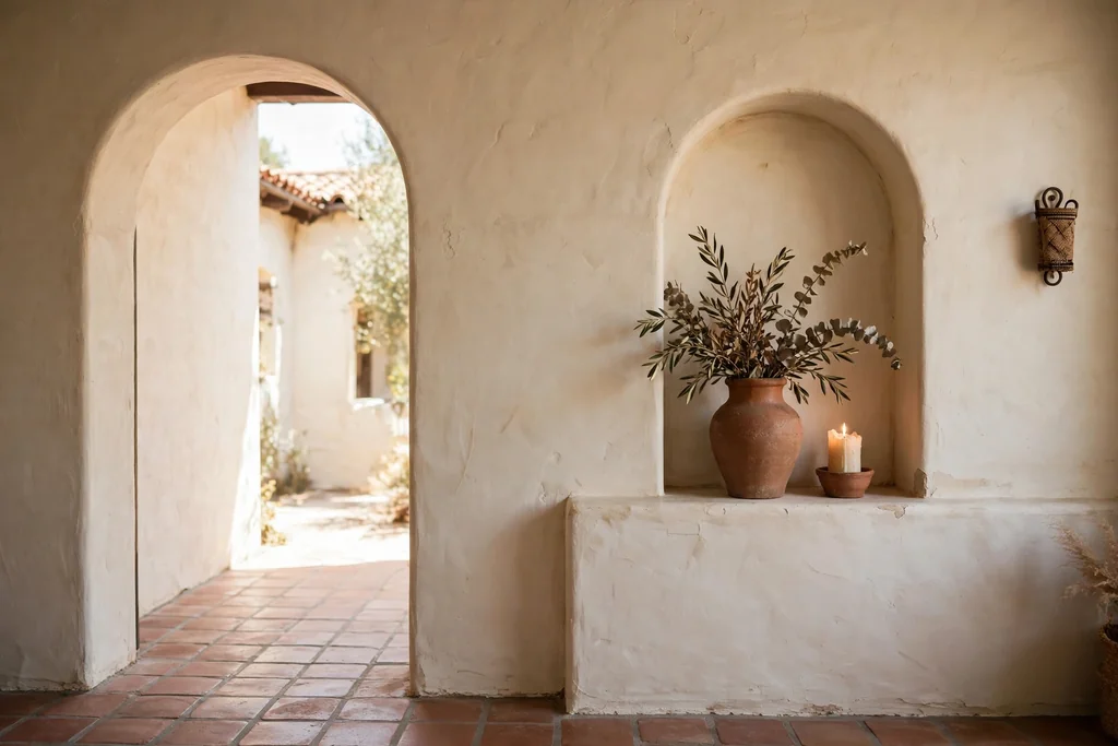 Interior wall with an arched doorway and an arched niche holding a vase and a candle.