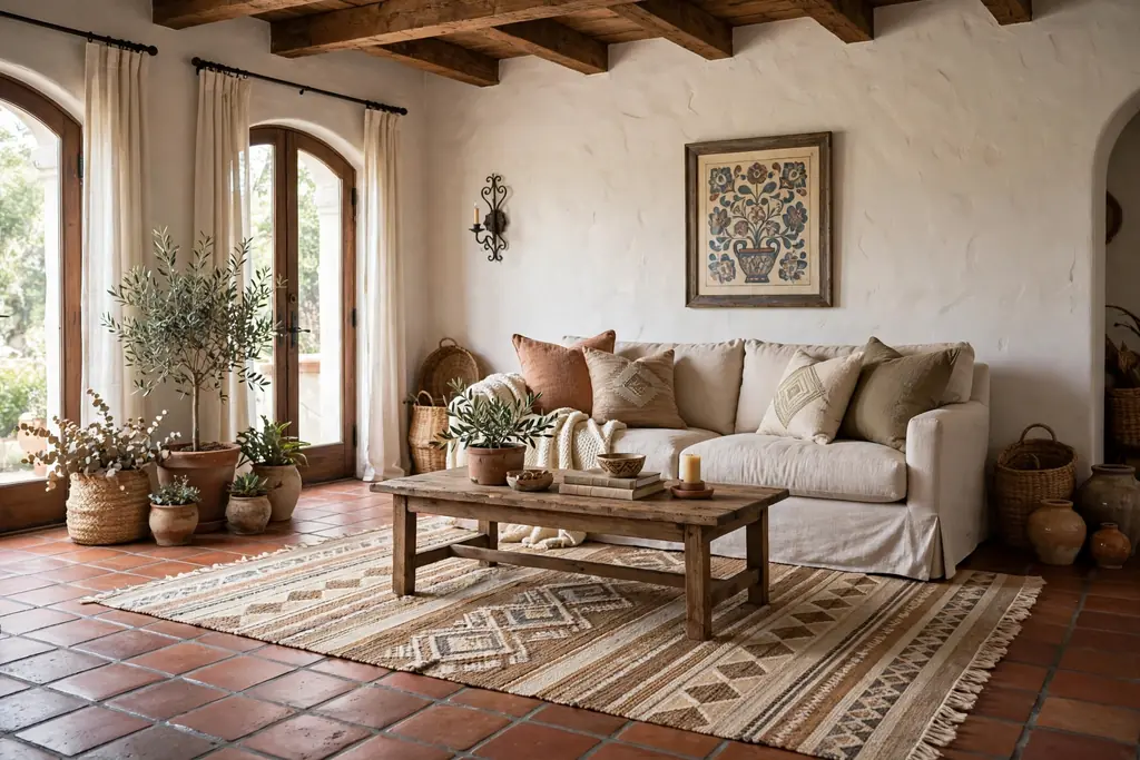 Living room with terracotta tile floors and a large woven rug under a sofa.