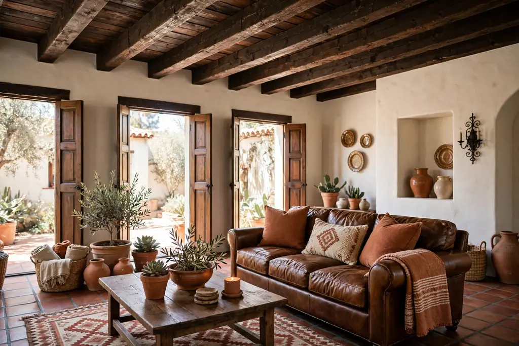Living room with dark wood ceiling beams and pale warm white walls.