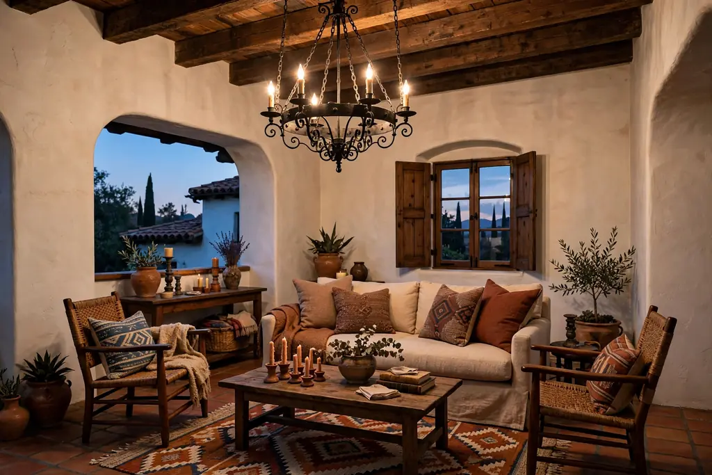 Living room with a wrought iron chandelier over a seating area at dusk.