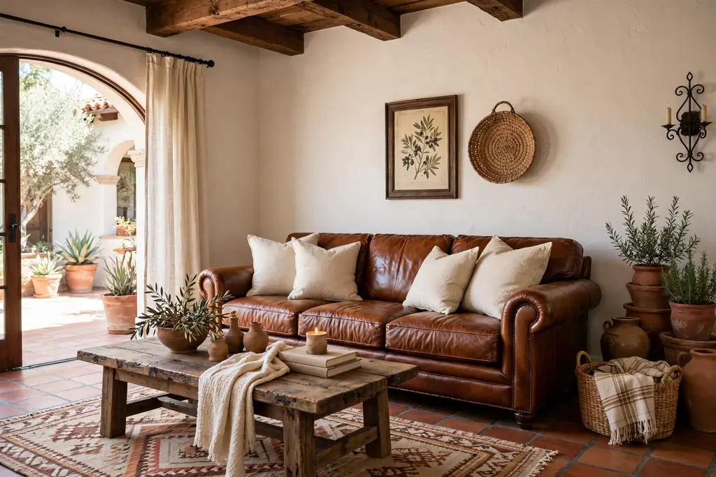 Living room with a cognac leather sofa, cream linen cushions, and a wood coffee table.