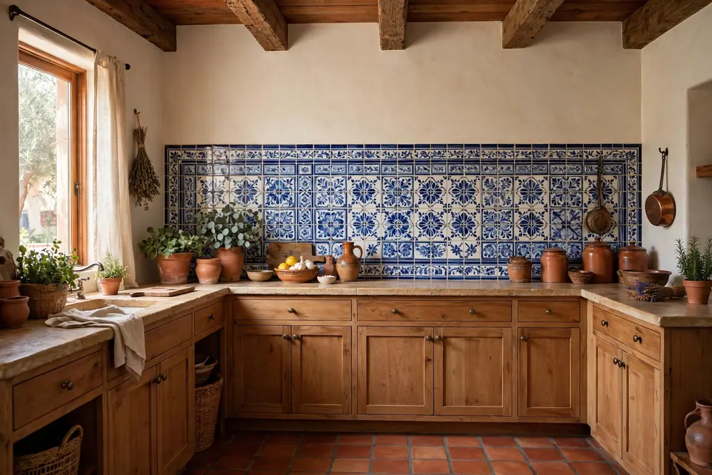Kitchen with a hand painted blue and white tile backsplash and plain wood cabinets.