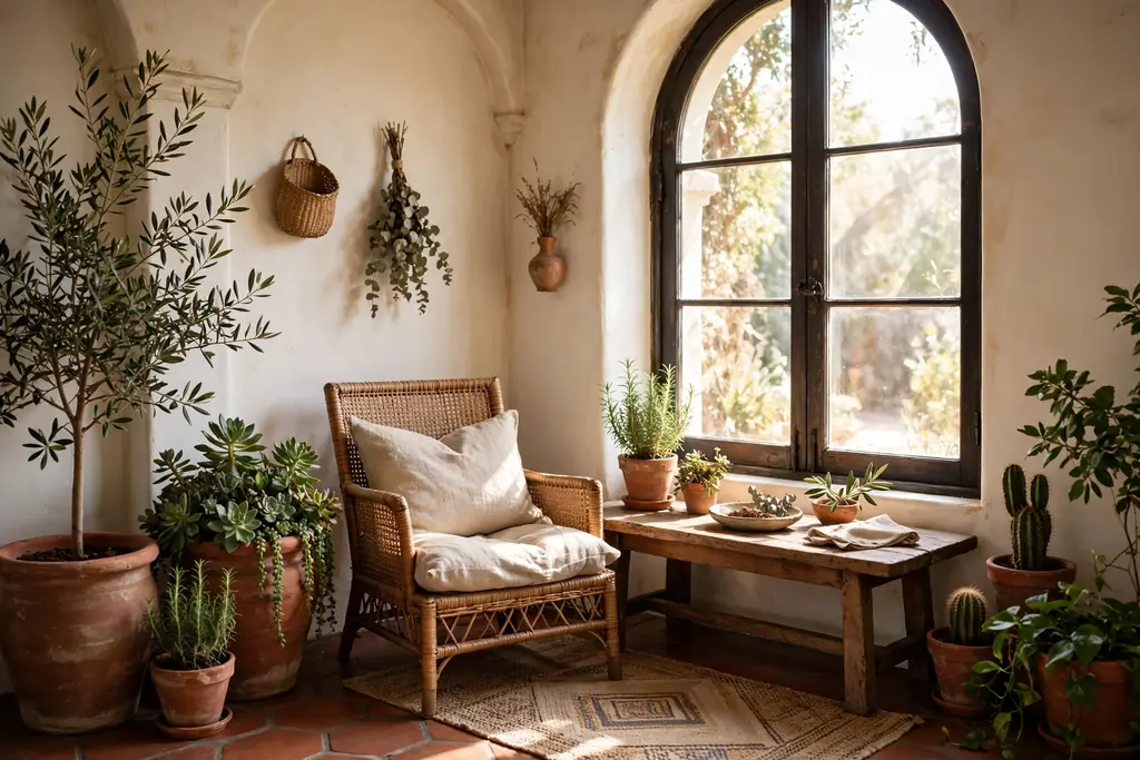 Sunny indoor seating nook with potted plants, terracotta pots, and a low wood table.