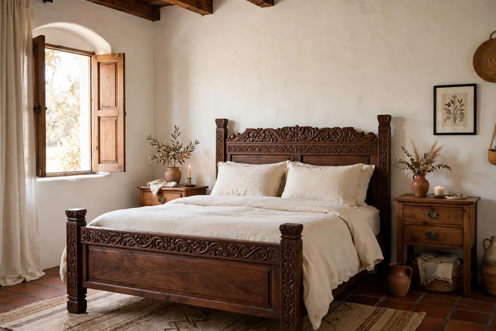 Bedroom with a carved dark wood bed frame and plain cream linen bedding.