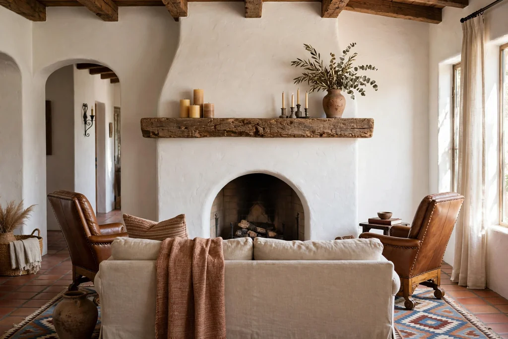 Living room with a warm white plaster fireplace and a thick wood mantel.