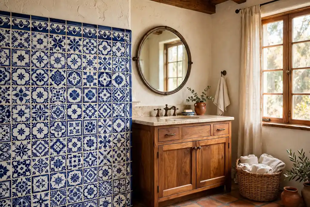 Bathroom with hand painted tile on one wall, a wood vanity, and bronze fittings.