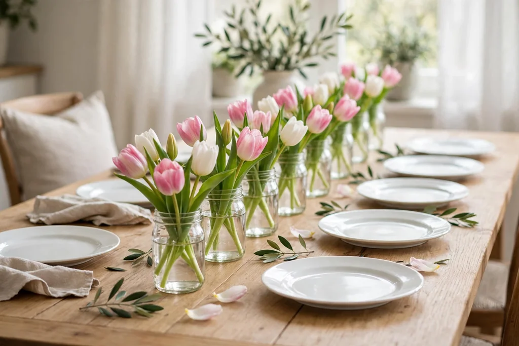 Row of small glass jars holding pink and white tulips down the center of a dining table.