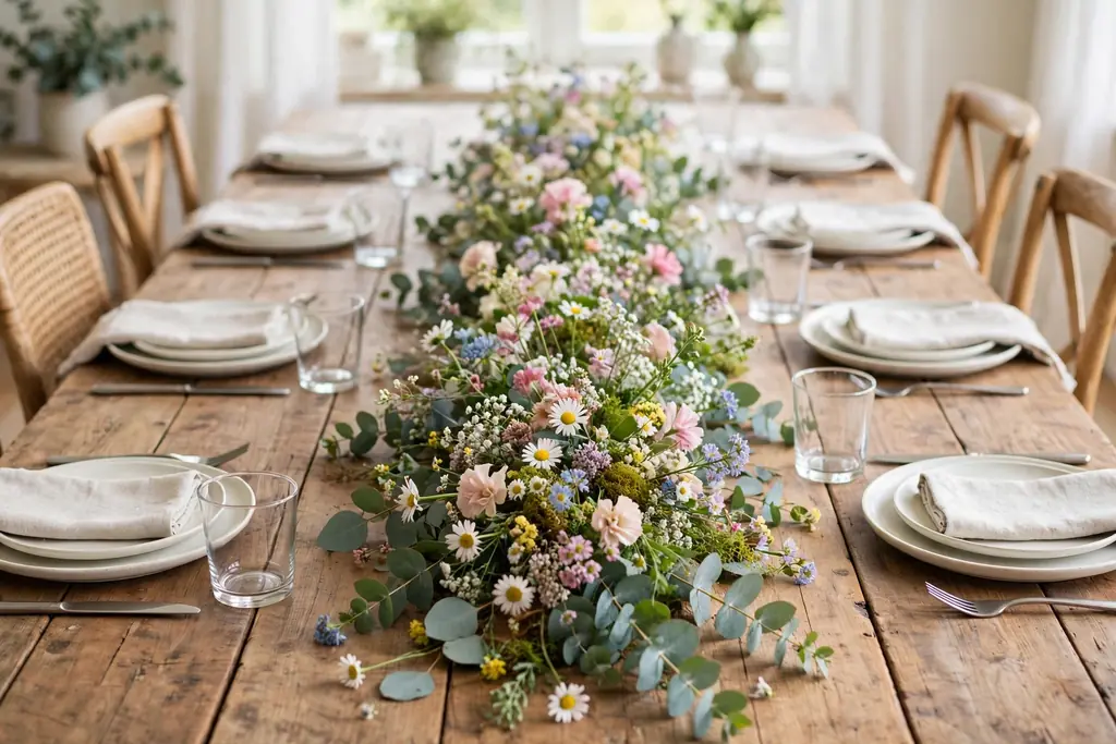 Loose wildflower and greenery runner with daisies and eucalyptus down a long wooden dining table.