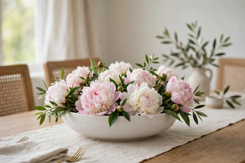 Low white ceramic bowl filled with blush pink and white peonies on a dining table.