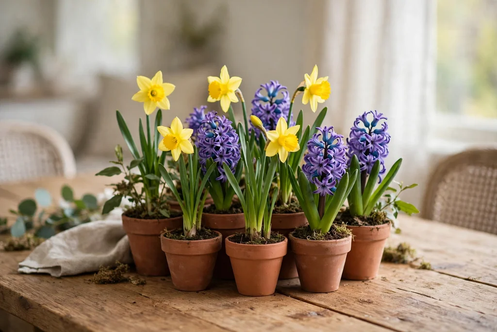 Small terracotta pots of yellow daffodils and purple hyacinths grouped on a dining table.