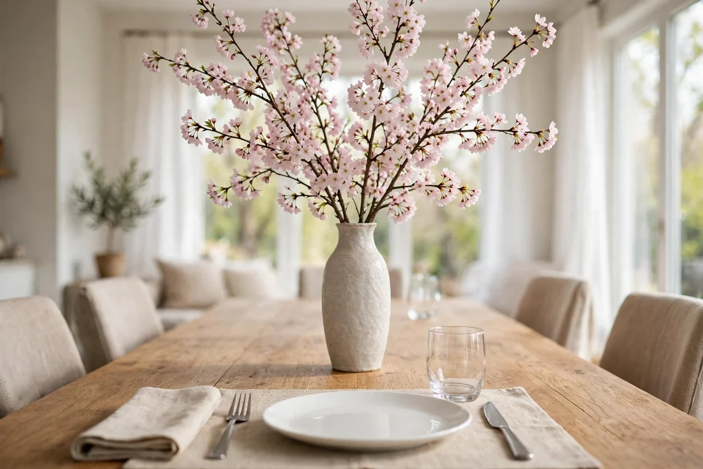 Tall ceramic vase holding pale pink cherry blossom branches at the end of a dining table.