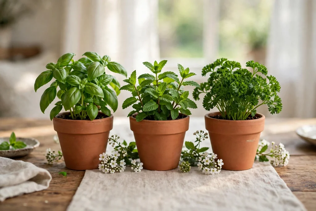 Small terracotta pots of basil, mint and parsley lined down the center of a dining table.