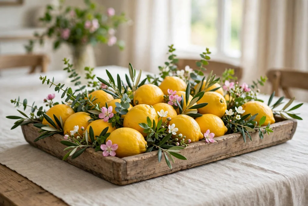 Low wooden tray with whole yellow lemons, greenery and small pink and white spring flowers on a table.