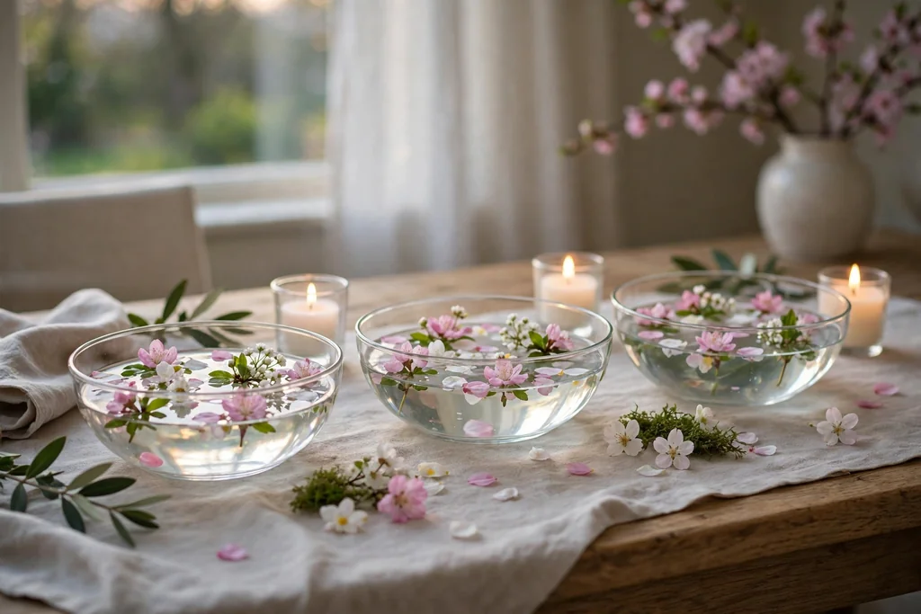 Shallow glass bowls of water with small pink and white spring flowers floating on the surface and candles beside them.