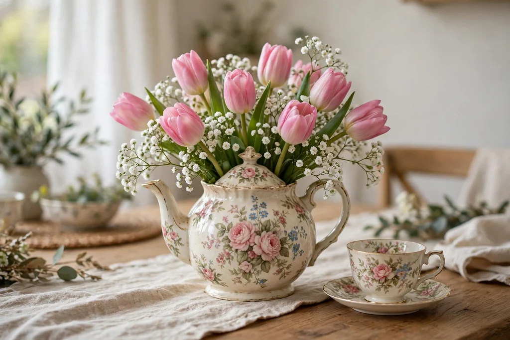 Vintage floral teapot holding pink tulips and small white spring flowers on a dining table.