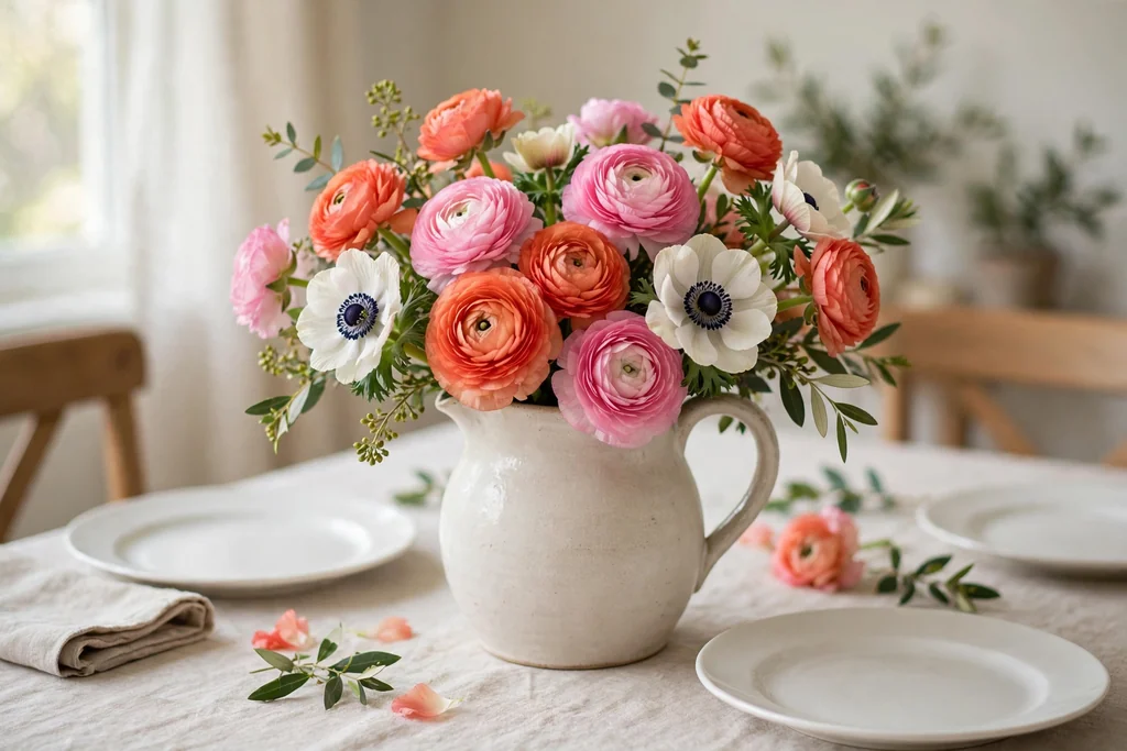 Ceramic pitcher filled with coral, pink and white ranunculus and anemone flowers on a dining table.