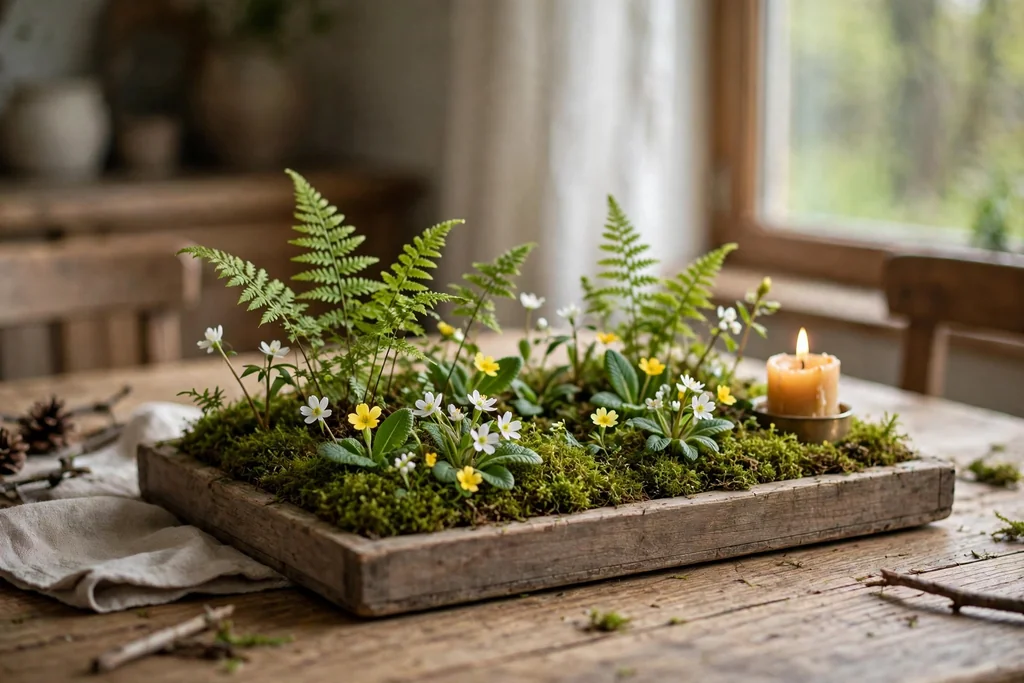 Shallow wooden tray lined with green moss, small ferns and tiny spring flowers on a dining table.
