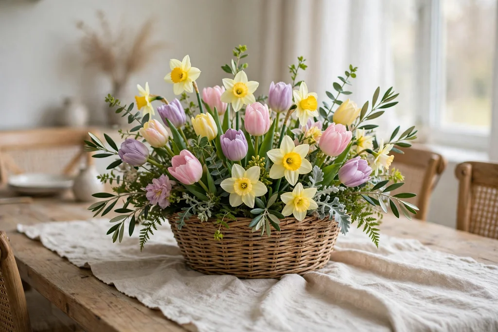 Woven basket filled with pastel spring flowers, tulips and daffodils in the center of a dining table.