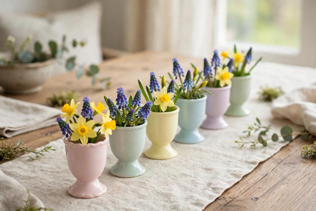 Small pastel egg cups each holding a tiny posy of spring flowers down the center of a dining table.