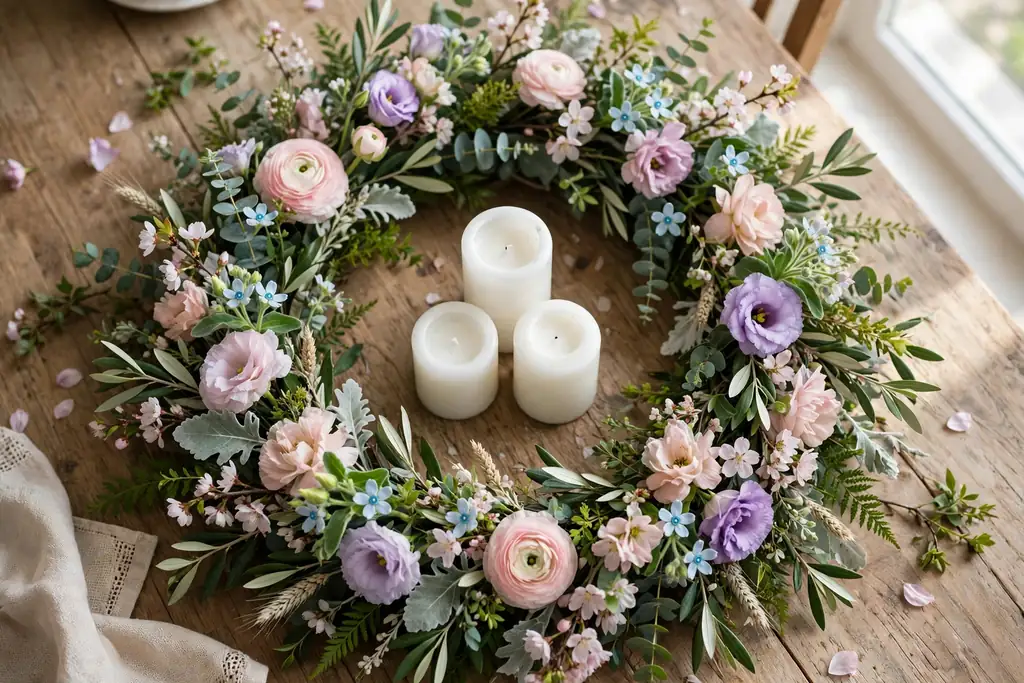 Flat spring flower wreath laid on a dining table as a ring around white pillar candles.