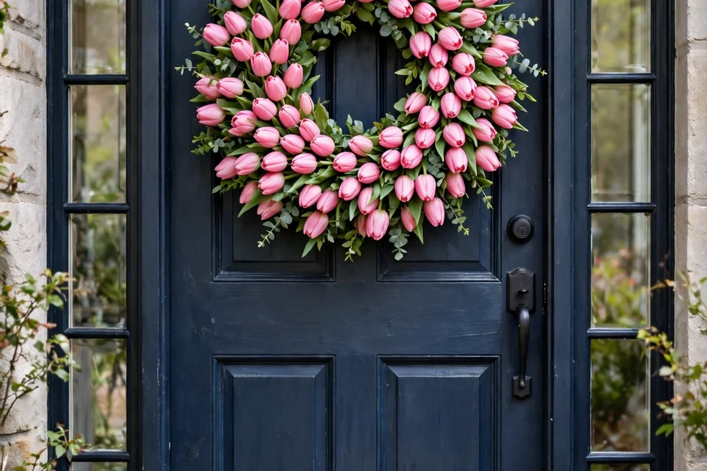 Front door with a full pink tulip wreath hanging at eye level in daylight.