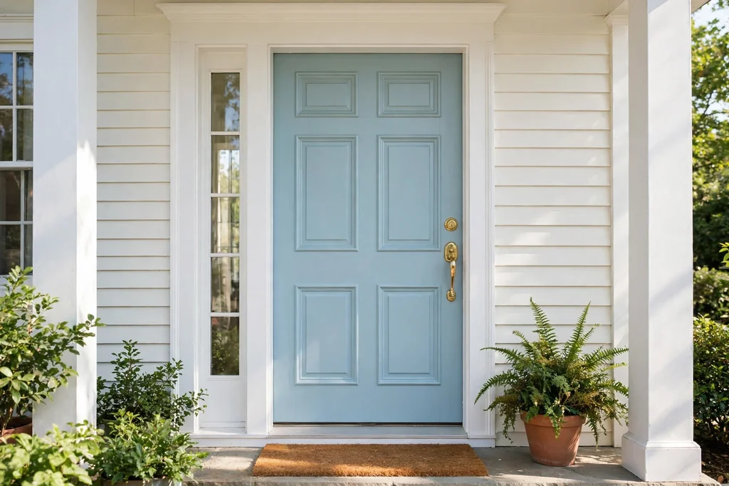 Front door painted soft pastel blue with white trim and a brass handle in daylight.