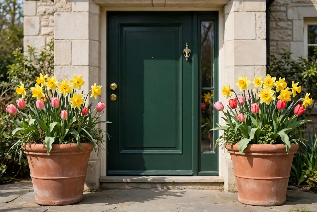 Two matching terracotta planters with tulips and daffodils flanking a front door.