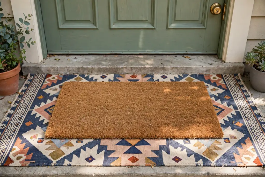 Layered doormats, a patterned outdoor rug under a coir mat, centered on a front door step.