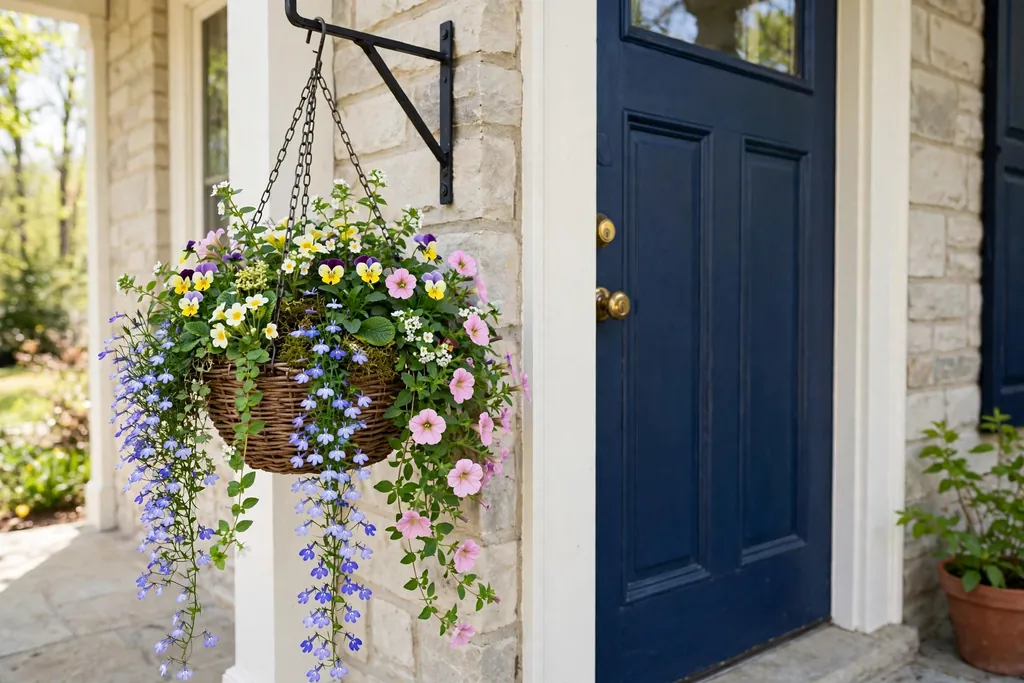 Hanging basket with trailing spring flowers beside a front door on a porch bracket.