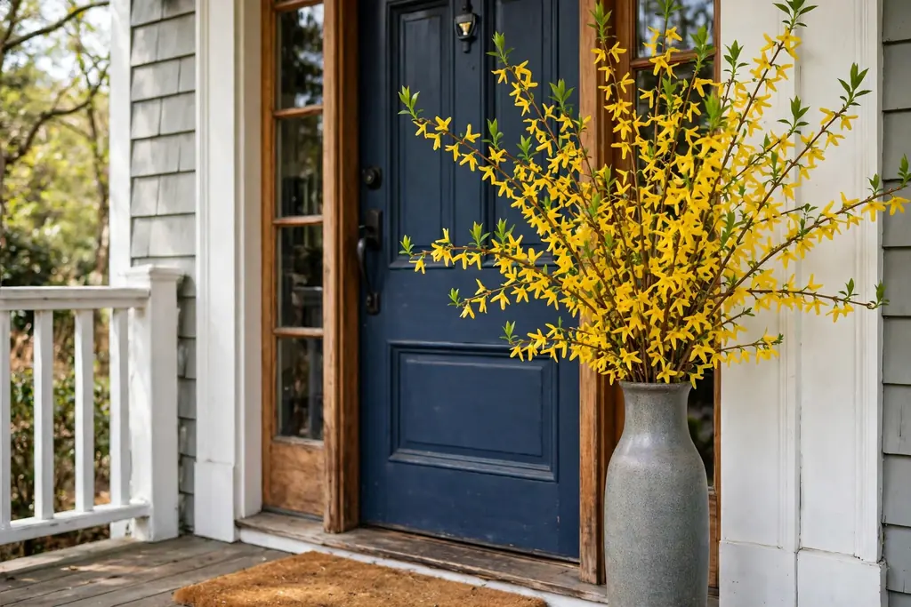 Tall vase of yellow forsythia branches standing beside a front door on a porch.