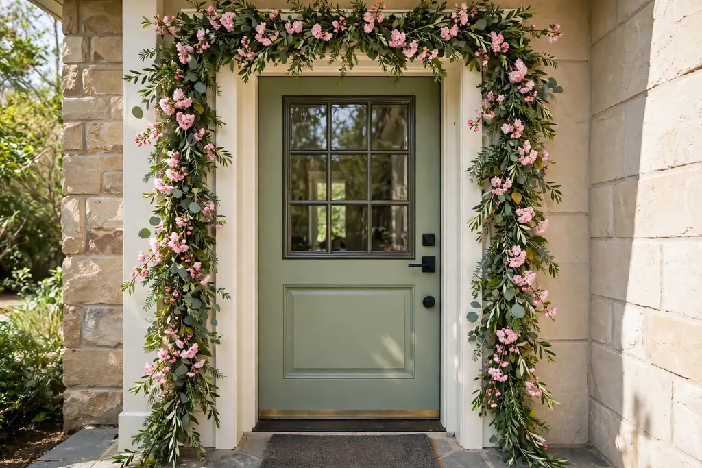 Front door frame dressed with a greenery and blossom garland around the top and sides.