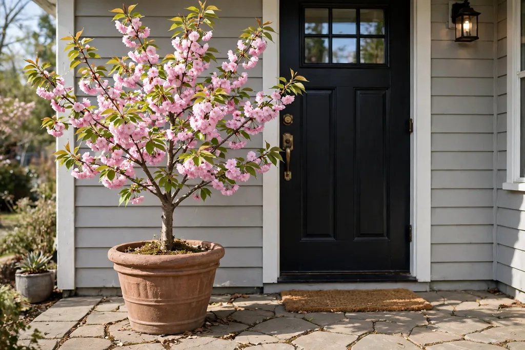 Small flowering cherry tree in a large pot beside a front door on a paved porch.