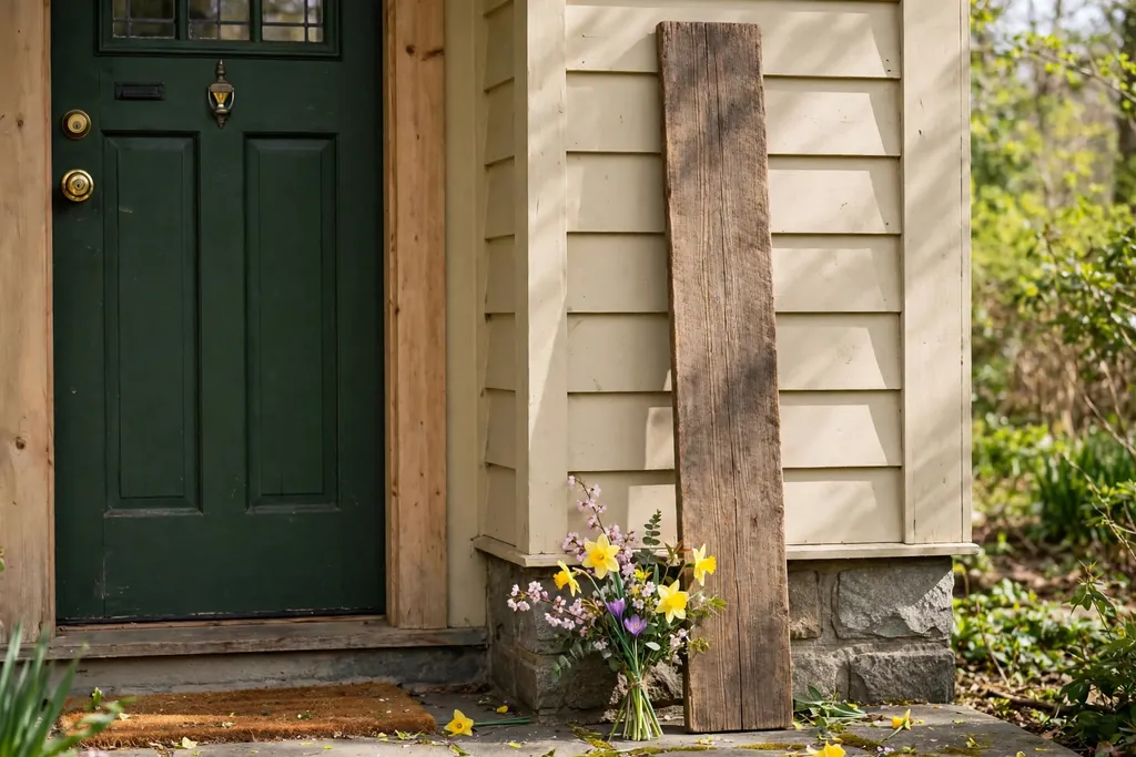 Wooden welcome sign with a small bunch of spring flowers leaning beside a front door.