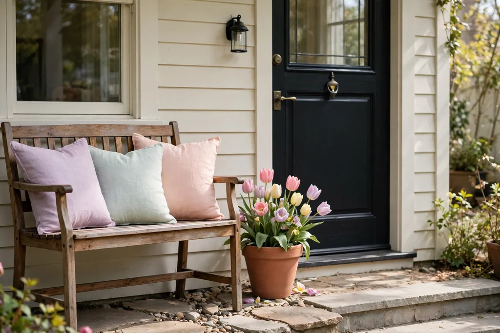 Small porch bench with pastel cushions and a pot of tulips beside a front door.